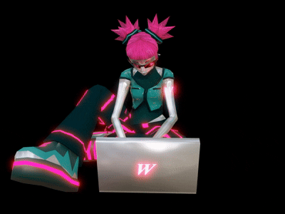 animation of WWW mascott wendla typing on a laptop and looking at the camera